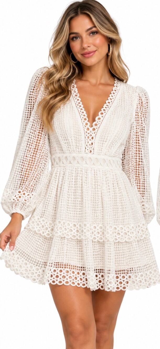 A CALIN Flying Tomato White Lace Mini Dress Large Long Sleeve Boho Romantic